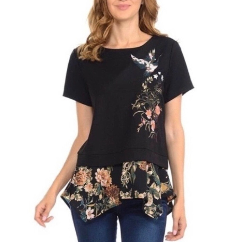 W5 Floral Blouse Mixed Media Handkerchief Hem Zip Back Embroidered M Women Top